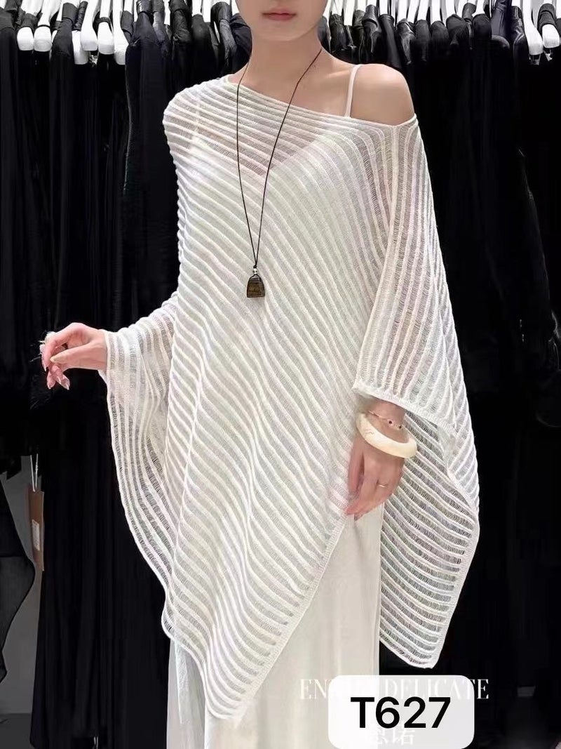 Qi Ta T627 Elegant Crochet Hollow Knit Cape Top - French Style, Relaxed Fit - Image 1
