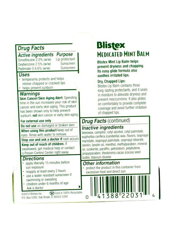 Blistex Medicated Lip Balm Protectant/Sunscreen SPF 15 Mint 015 OZ Pack of 2 - Image 4