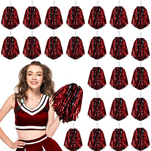 Hanaive 24 Pcs Pom Poms Cheerleading Cheerleader Spirited Cheer Baton Handle Metallic Foil for Sports Team Party Dance Cheering(Black, Gold) - Image 1