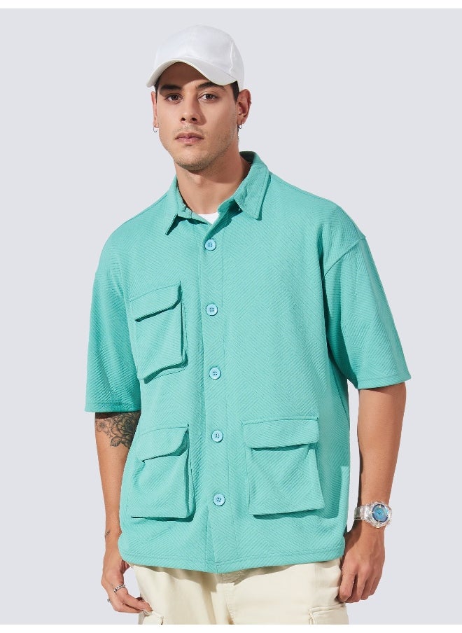 Maniac Mens Collared Neck Fullsleeve Berly Green 3Pockets Polyester Fleece Oversized fit Shacket  - Image 4