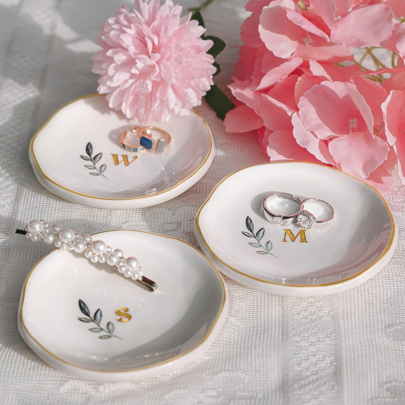 Bayrumber Personalized Ceramic Ring Dish, Initial Jewelry Tray for Rings, Earrings, Necklaces & Bracelets, Gift for Engagements, Birthdays, Holidays, Mom, Sister, Bridesmaid, Bride-to-Be, 4" Ring Plate - Image 2
