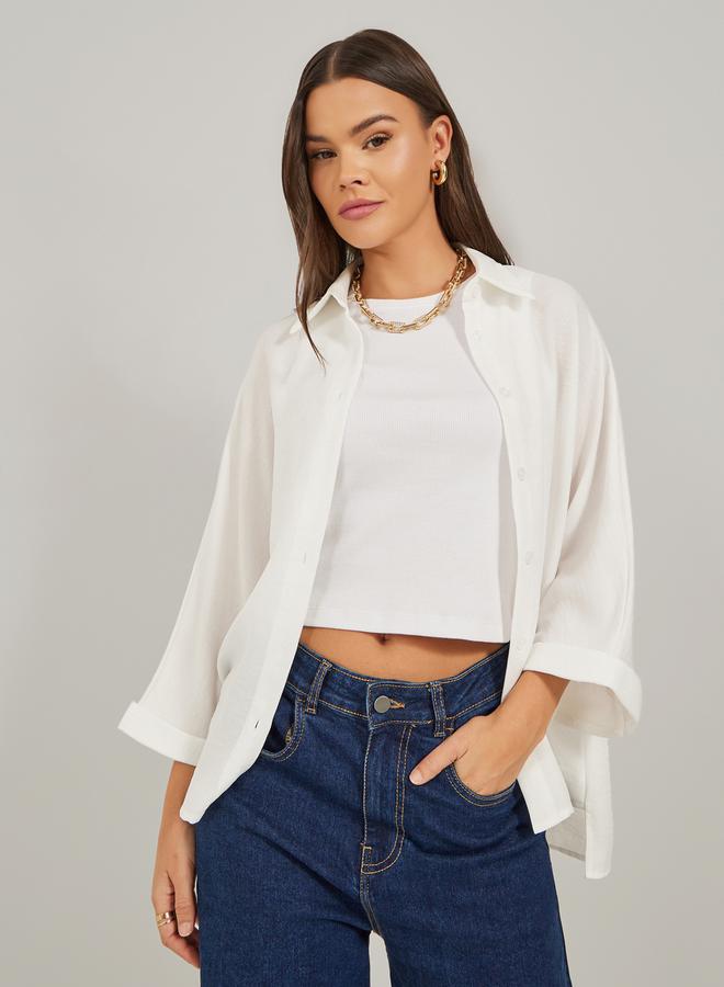 ستايلي قميص بأكمام 3/4 مجعدة بقصة واسعة - Image 2