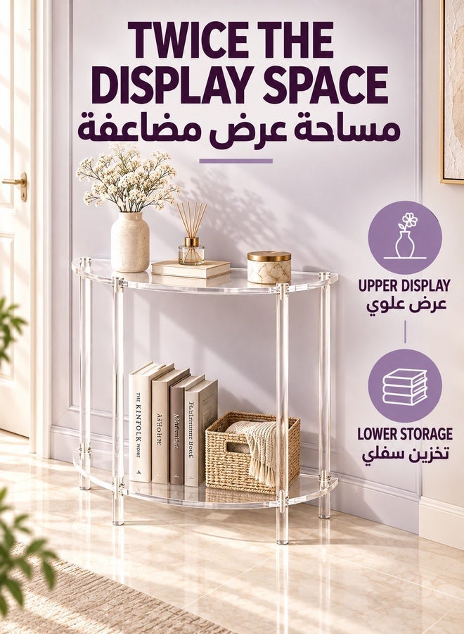 والالا طاولة كونسول أكريليك حديثة على شكل نصف قمر - طاولة مدخل شفافة مقاس 75 سم مع رف تخزين، تصميم رفيع من طبقتين للأريكة والردهة والممر، سهلة التركيب - Image 5