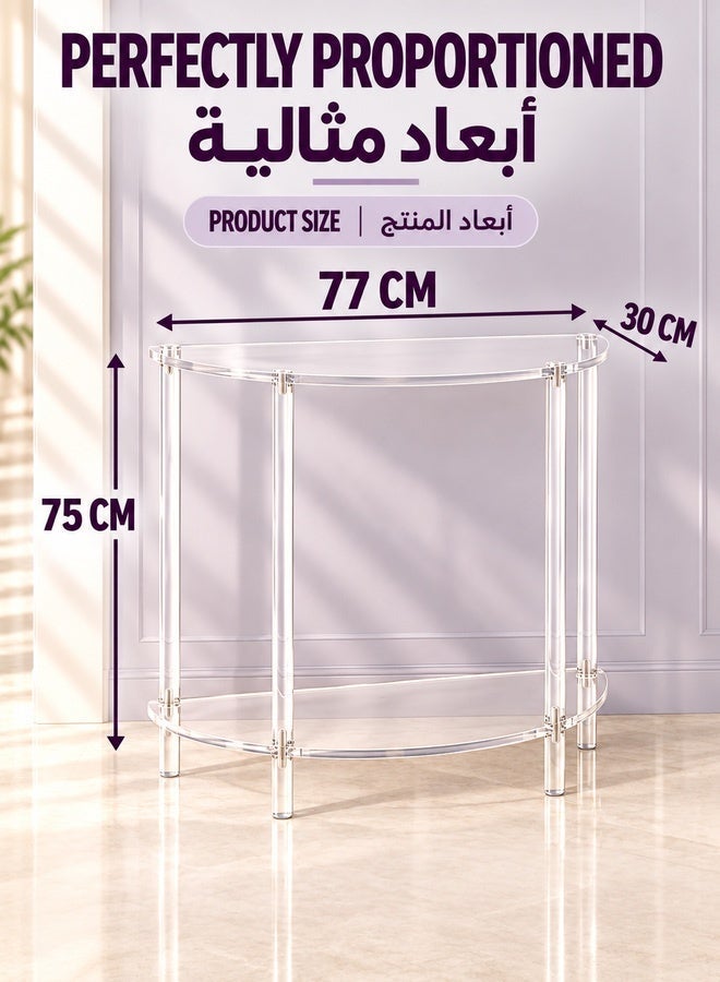 والالا طاولة كونسول أكريليك حديثة على شكل نصف قمر - طاولة مدخل شفافة مقاس 75 سم مع رف تخزين، تصميم رفيع من طبقتين للأريكة والردهة والممر، سهلة التركيب - Image 2