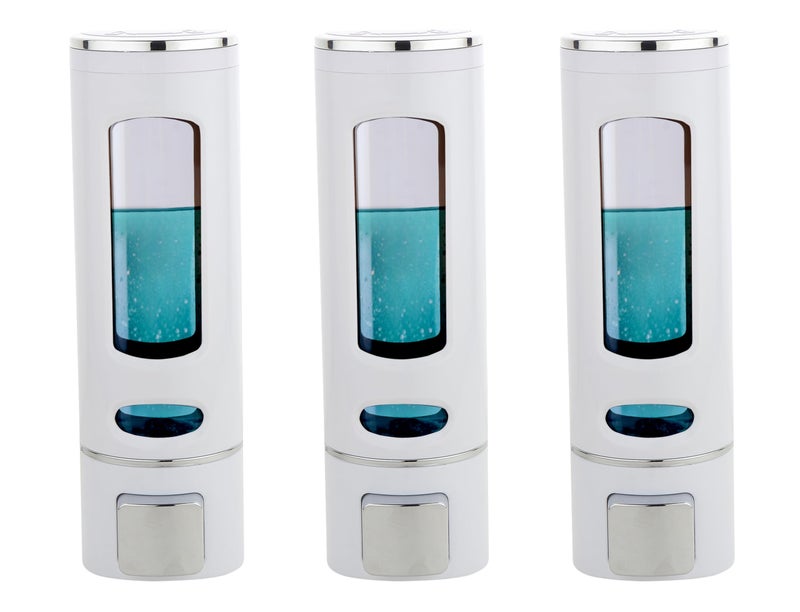 BATH GURU ABS Plastic Wall Mounted Soap Shampoo Conditioner Hand Wash Gel Dispenser Liquid Soap Sanitizer Dispenser for Bathroom Basin Kitchen Sink 400 Ml Pack of 3 White - Image 1