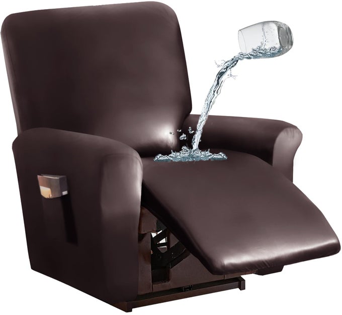 123 SEATS PU LEATHER STRETCH RECLINER COVER SOFA COVER WITH SIDE POCKETS WATERPROOF SLIPCOVER RECLINER COUCH COVER FURNITURE PROTECTOR WITH ELASTIC BOTTOM LIVING ROOM
