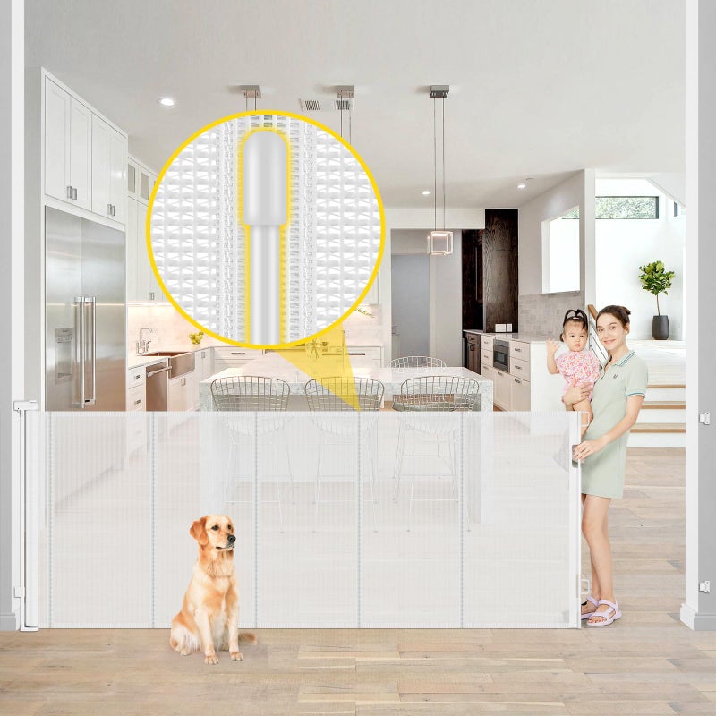 Reinforced 42 Extra Tall x 80 Wide Retractable Baby Gates with Rods to Prevent Crawling Through Extra Tall Dog Gate for Large Openings Indoor Outdoor Long Mesh Gate for Stairs and Doorways White
