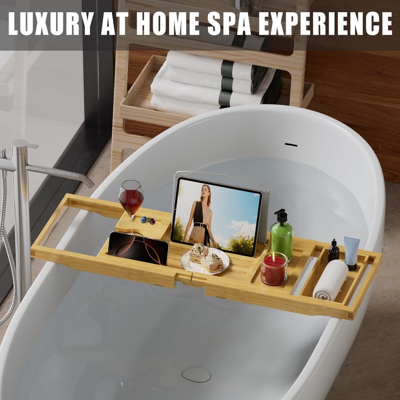 promitop Foldable Bathtub Caddy Tray for Tub,Bamboo Expandable Bath Table Trays,Premium Bathroom Accessories for New Home & Mothers Day & Birthday Gifts for Couples,Natural - Image 2