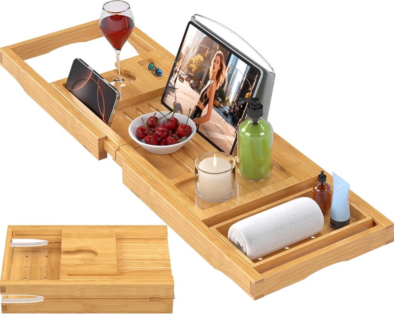promitop Foldable Bathtub Caddy Tray for Tub,Bamboo Expandable Bath Table Trays,Premium Bathroom Accessories for New Home & Mothers Day & Birthday Gifts for Couples,Natural - Image 1