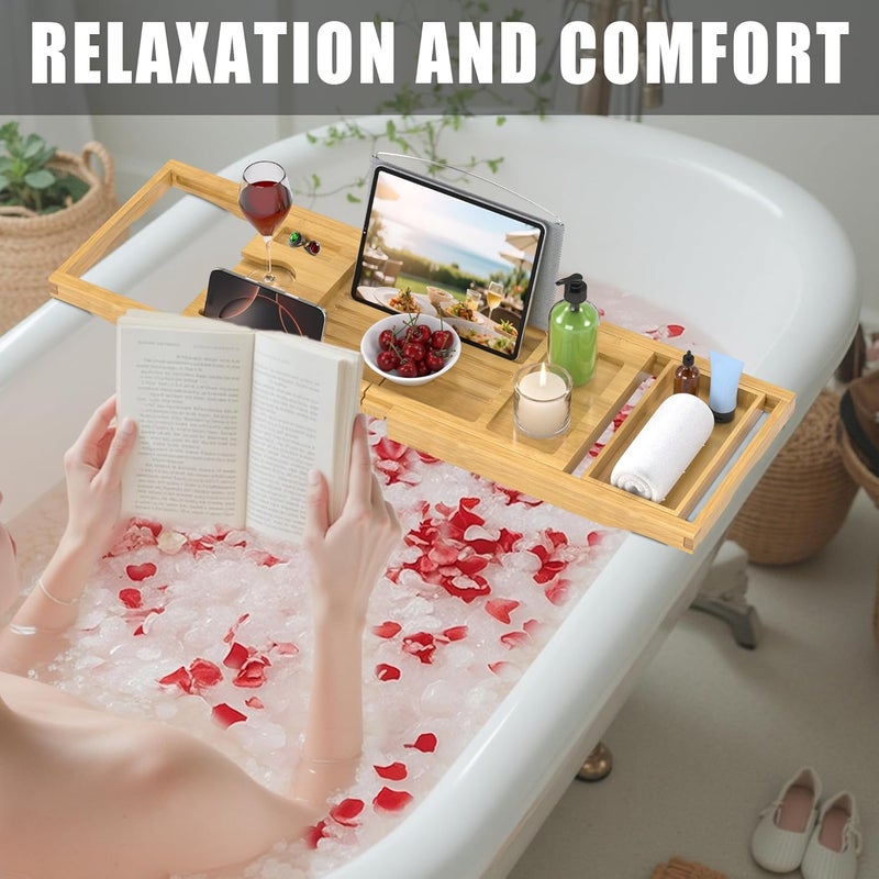 promitop Foldable Bathtub Caddy Tray for Tub,Bamboo Expandable Bath Table Trays,Premium Bathroom Accessories for New Home & Mothers Day & Birthday Gifts for Couples,Natural - Image 4