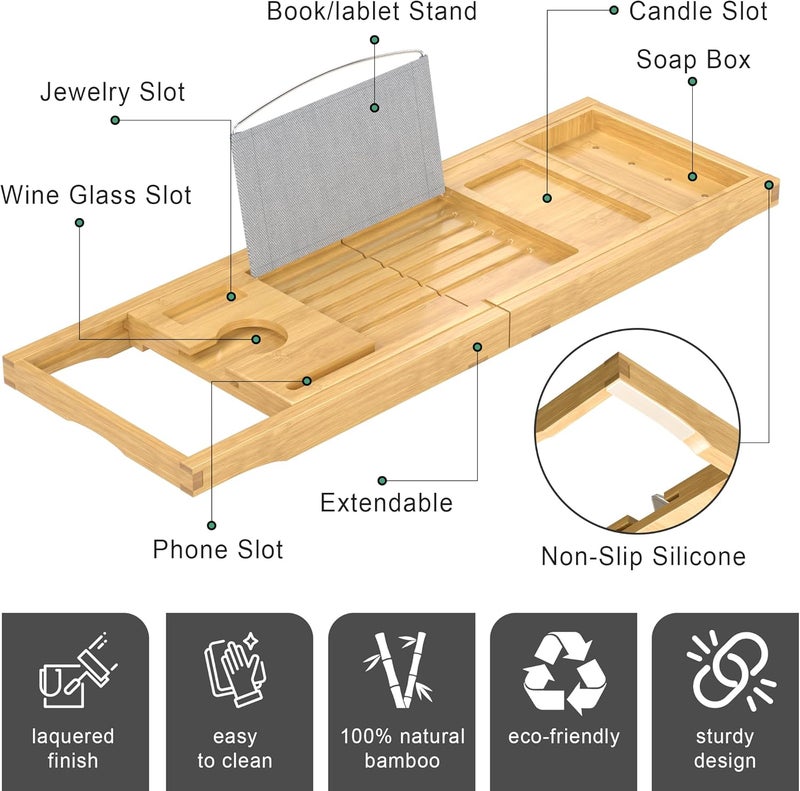 promitop Foldable Bathtub Caddy Tray for Tub,Bamboo Expandable Bath Table Trays,Premium Bathroom Accessories for New Home & Mothers Day & Birthday Gifts for Couples,Natural - Image 5