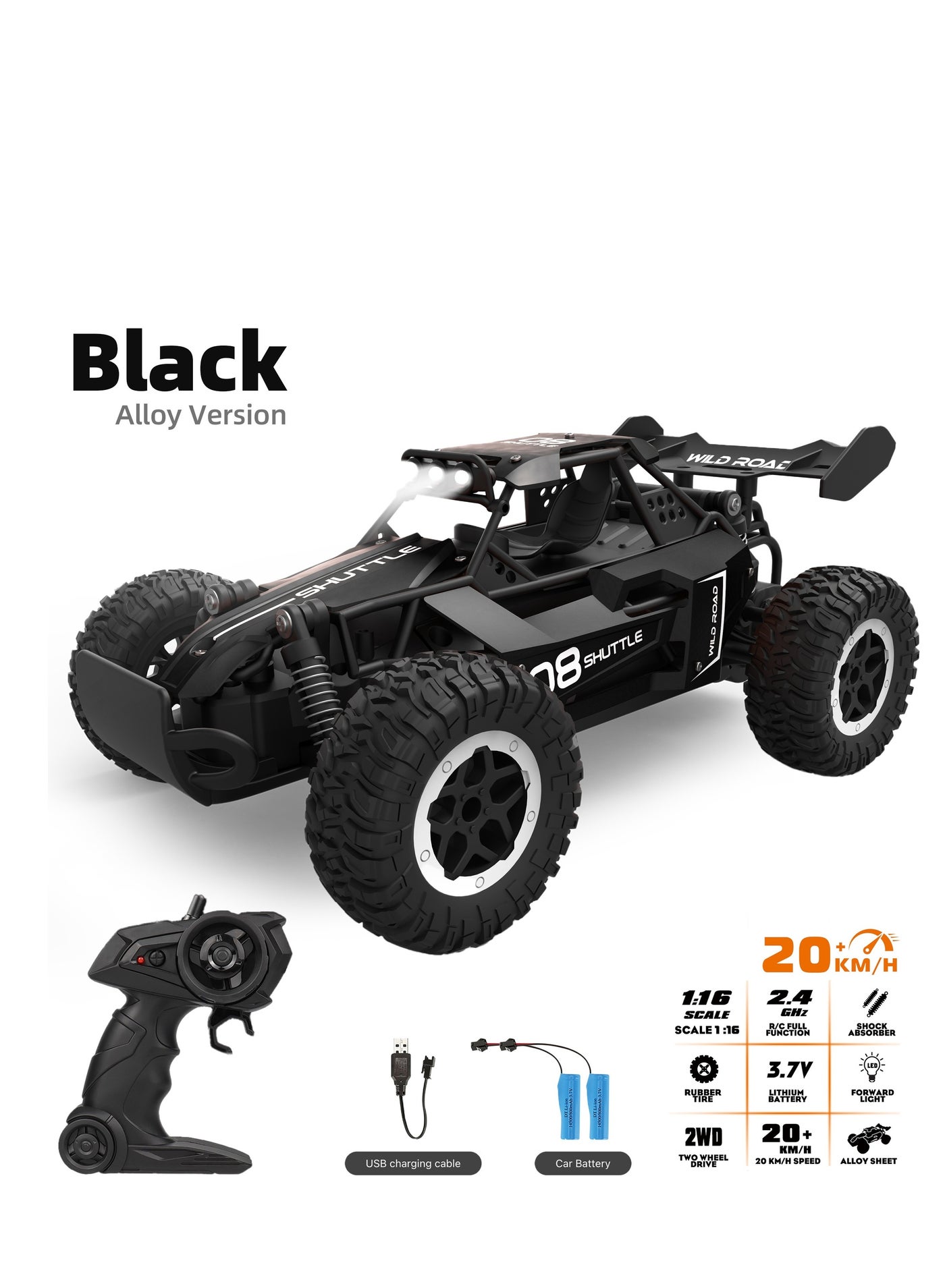 1:16 2.4G dual battery alloy remote control car, maximum speed can reach 20 km/h, all-terrain off-road electric toy car, 24.5×14.5×9.5cm, black