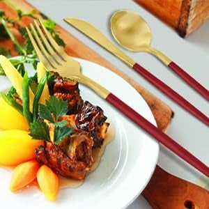 DLEST Set of 4 Cutlery Include Spoon Fork and Dinner Knife 100 Food Grade Non Toxic AntiRust Dishwasher Safe Perfect Gifting Set for All Occasions 4 GoldRed - Image 4