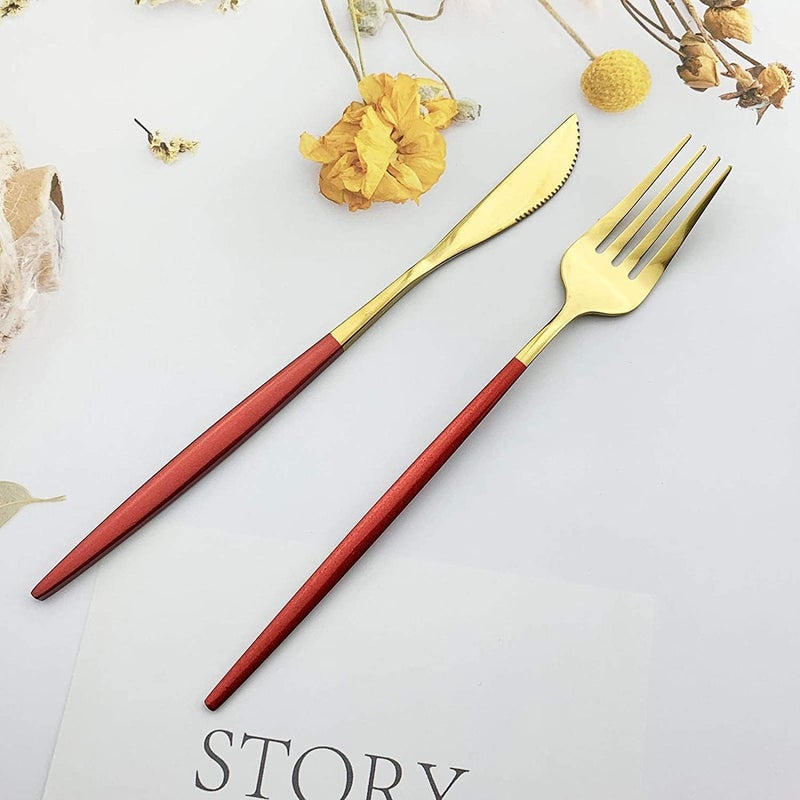 DLEST Set of 4 Cutlery Include Spoon Fork and Dinner Knife 100 Food Grade Non Toxic AntiRust Dishwasher Safe Perfect Gifting Set for All Occasions 4 GoldRed - Image 3