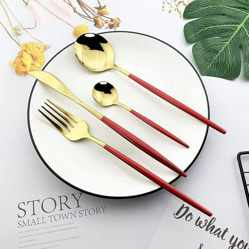 DLEST Set of 4 Cutlery Include Spoon Fork and Dinner Knife 100 Food Grade Non Toxic AntiRust Dishwasher Safe Perfect Gifting Set for All Occasions 4 GoldRed - Image 1