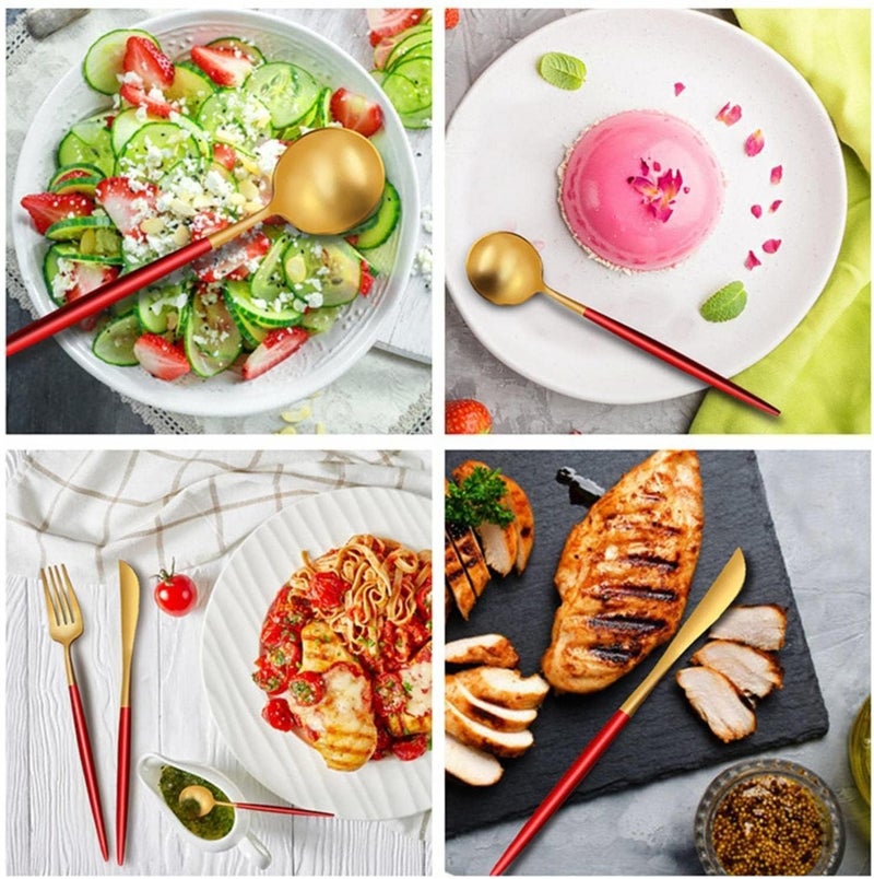 DLEST Set of 4 Cutlery Include Spoon Fork and Dinner Knife 100 Food Grade Non Toxic AntiRust Dishwasher Safe Perfect Gifting Set for All Occasions 4 GoldRed - Image 5