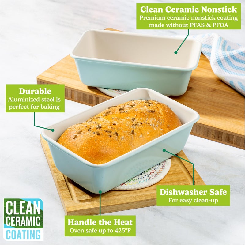 Tasty Clean Ceramic Loaf Pan Set, 2-Pack of 9-Inch x 5-Inch Cake Pans, Durable Aluminized Steel for Professional Results, Clean Ceramic Nonstick Coating, Oven Safe to 425Â°F, Dishwasher Safe, Aqua - Image 3