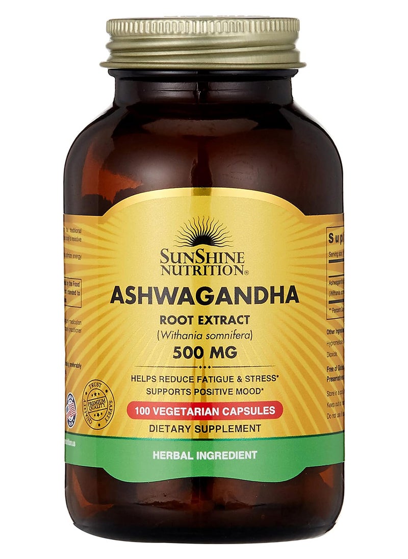 SUNSHINE NUTRITION Ashwagandha 500Mg Root Extract Dietery Supplement Helps Reduce Fatigue And Stress Supports Positive Mood Herbal Ingredient 100 Vegetarian Capsules  - Image 1