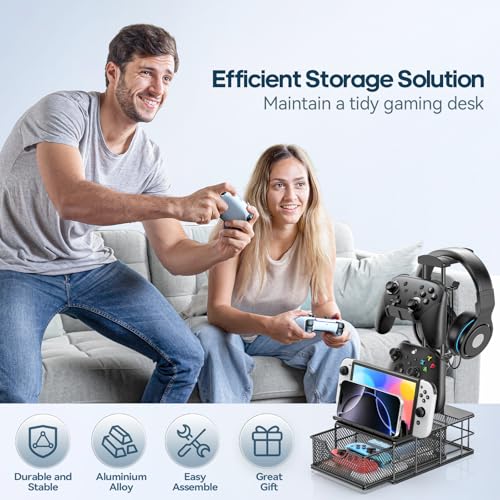 KDD حامل سماعات KDD مع درج - حامل سماعات ووحدة تحكم للمكتب - حامل سماعات أذن مع قضيب دعم من الألمنيوم ومنظم كابلات - تخزين ملحقات الألعاب العالمية للكمبيوتر الشخصي - Image 5