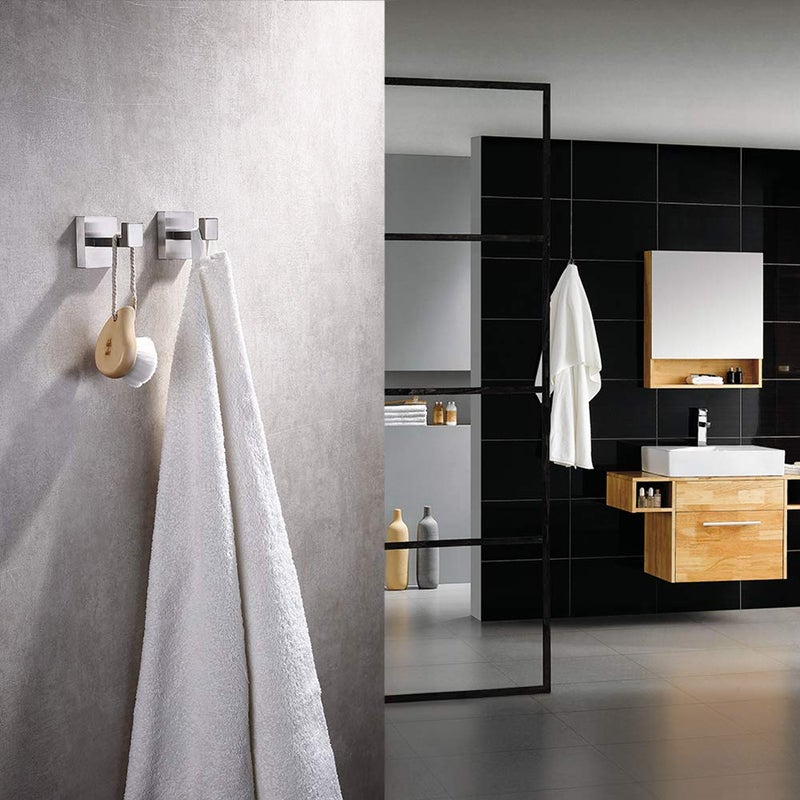 TASTOS Bath Towel Hooks Brushed Nickel, 2 Pack Stainless Steel Robe Coat and Clothes Hook, Heavy Duty Wall Hook for Bathroom & Kitchen, Modern Square Style Wall Mounted (Silver) - Image 3