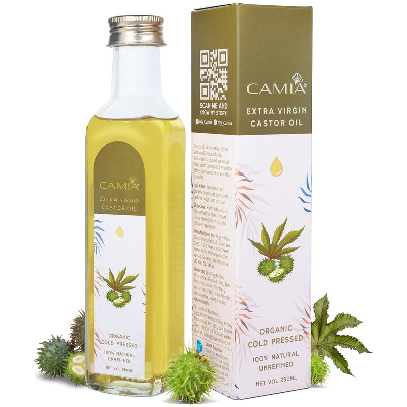 CAMIA Premium Cold Pressed Organic Castor Oil For Skin Hair Eyebrows Rich in Vit E free fatty acids Hydrates Nourishes skin Promotes Hair Growth Strengthens strands 250 ML Glass Bottle - Image 1