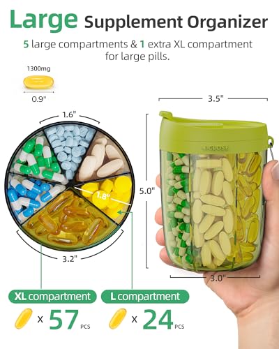 PULIV Large Pill Bottle Organizer, Supplement Organizer for Holding 6 Various Vitamins, Pill Box Case with Anti-Mixing & Wide Opening Design, Easy to Retrieve Meds and 20 Pcs Stick-on Labels, Green - Image 2