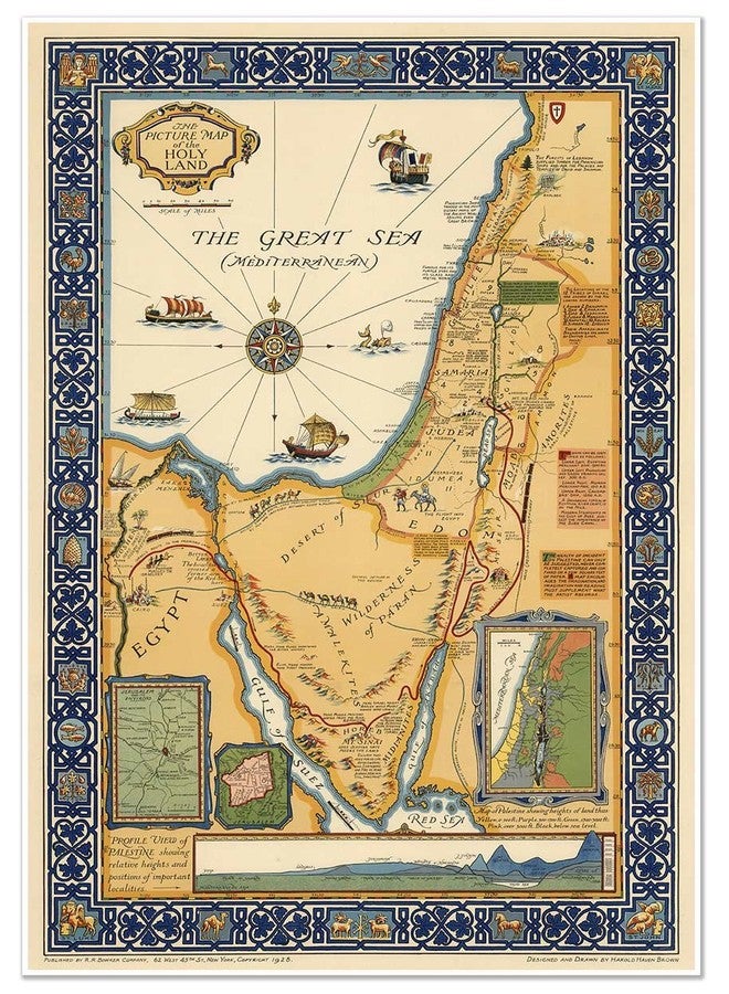 خرائط قديمة للأراضي المقدسة تُظهر الحدود التاريخية والطرق والسكك الحديدية والأماكن المذكورة في العهد الجديد حوالي عام 1923 | ديكور حائط عتيق | ملصق فني مطبوع | 24 × 36 بوصة (610 × 915 مم) - Image 1