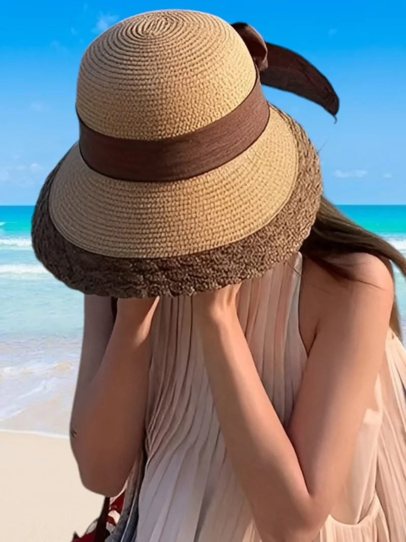 تيزجيلسين Women's Bow Patterned Organic Straw Foldable Summer Hat