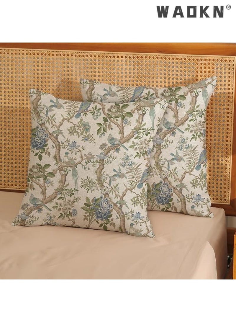 دبليو أيه أو كي أن غطاء وسادة صيني مقاس 18 × 18 بوصة، وسادة رمية مزخرفة بنقشة طيور زرقاء خضراء وزهور زرقاء عتيقة، غطاء وسادة خارجي مزخرف بنقشة زهور زرقاء عتيقة، غطاء وسادة من الكتان الصيني للديكور المنزلي والأريكة - Image 2