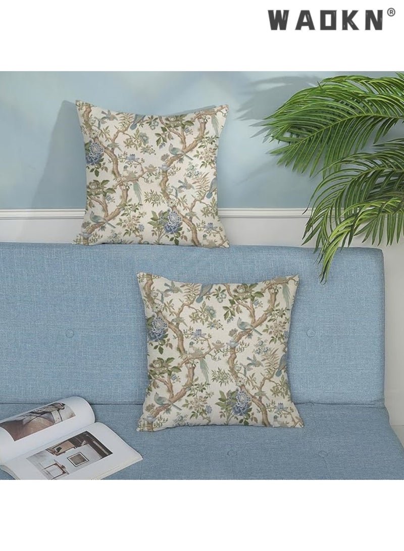 دبليو أيه أو كي أن غطاء وسادة صيني مقاس 18 × 18 بوصة، وسادة رمية مزخرفة بنقشة طيور زرقاء خضراء وزهور زرقاء عتيقة، غطاء وسادة خارجي مزخرف بنقشة زهور زرقاء عتيقة، غطاء وسادة من الكتان الصيني للديكور المنزلي والأريكة - Image 3
