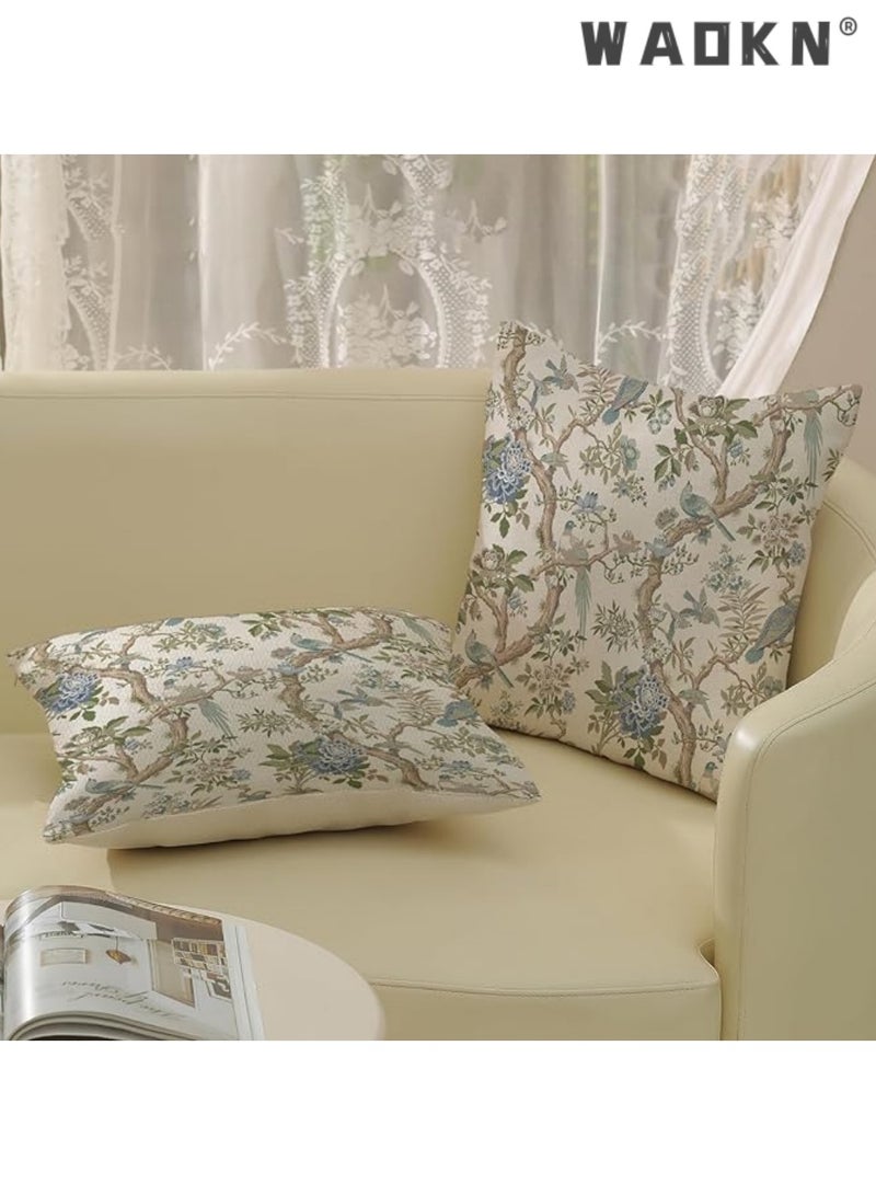دبليو أيه أو كي أن غطاء وسادة صيني مقاس 18 × 18 بوصة، وسادة رمية مزخرفة بنقشة طيور زرقاء خضراء وزهور زرقاء عتيقة، غطاء وسادة خارجي مزخرف بنقشة زهور زرقاء عتيقة، غطاء وسادة من الكتان الصيني للديكور المنزلي والأريكة - Image 4