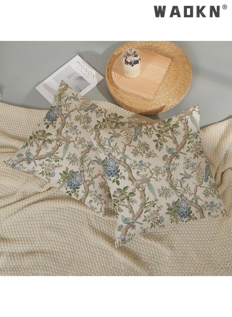 دبليو أيه أو كي أن غطاء وسادة صيني مقاس 18 × 18 بوصة، وسادة رمية مزخرفة بنقشة طيور زرقاء خضراء وزهور زرقاء عتيقة، غطاء وسادة خارجي مزخرف بنقشة زهور زرقاء عتيقة، غطاء وسادة من الكتان الصيني للديكور المنزلي والأريكة - Image 5