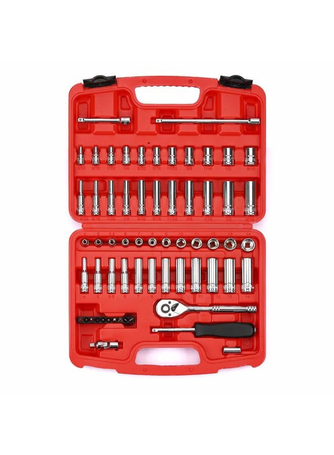 MIXPOWER 62-Piece 1/4-Inch Dr. Master Socket Set with Ratchets,Universal Joint, Extensions with 1/4'' Dr. Bits Set, SAE/Metric, 6-Point, 5/32-Inch - 9/16-Inch, 4 mm - 14 mm, CR-V Socket - Image 1
