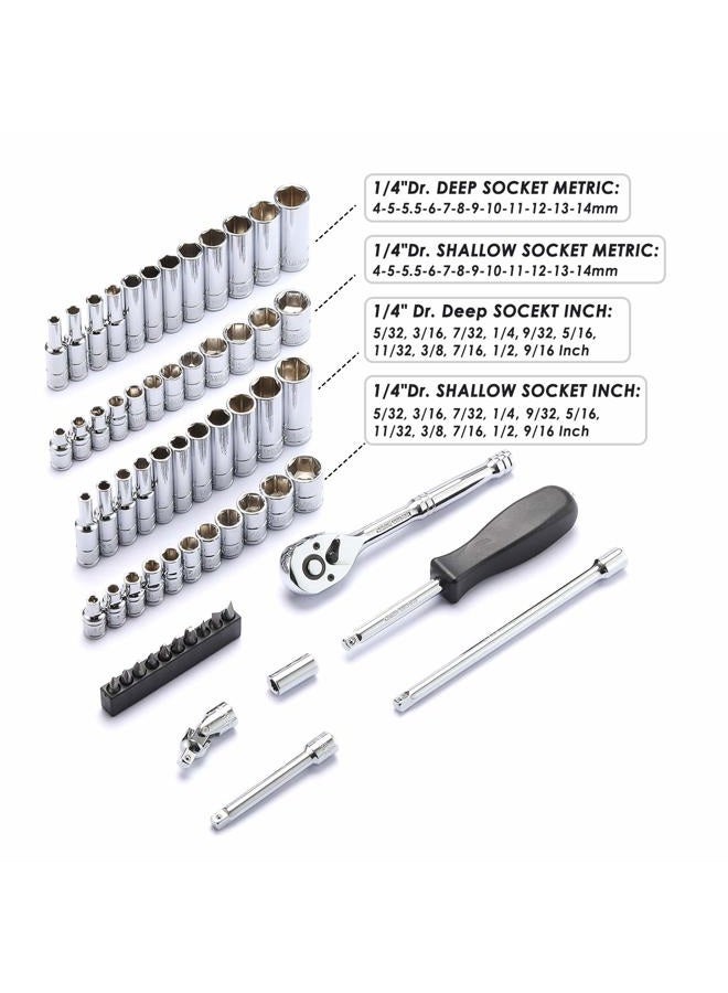 MIXPOWER 62-Piece 1/4-Inch Dr. Master Socket Set with Ratchets,Universal Joint, Extensions with 1/4'' Dr. Bits Set, SAE/Metric, 6-Point, 5/32-Inch - 9/16-Inch, 4 mm - 14 mm, CR-V Socket - Image 3