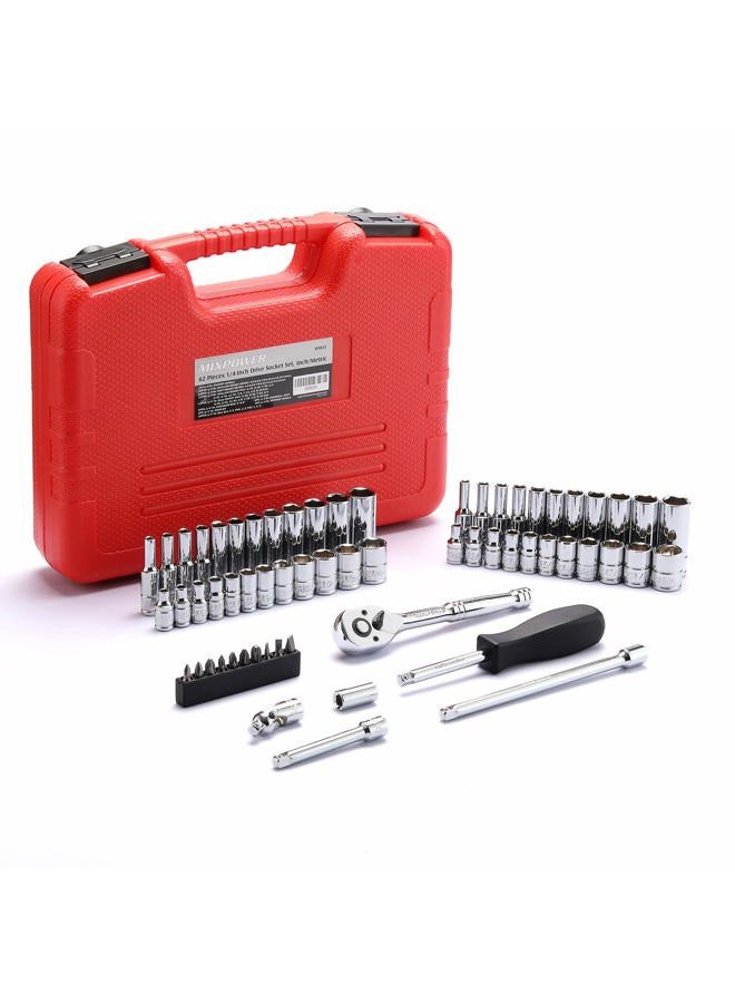 MIXPOWER 62-Piece 1/4-Inch Dr. Master Socket Set with Ratchets,Universal Joint, Extensions with 1/4'' Dr. Bits Set, SAE/Metric, 6-Point, 5/32-Inch - 9/16-Inch, 4 mm - 14 mm, CR-V Socket - Image 2