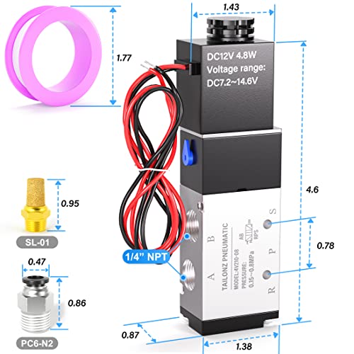 TAILONZ PNEUMATIC 1/4"NPT Solenoid Valve DC12V Single Coil Pilot-Operated Electric 2 Position 5 Way Connection Type 4V210-08 Outlet wire - Image 2