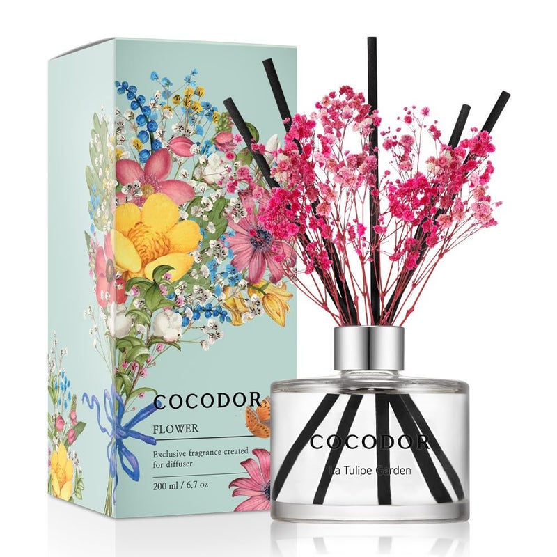 COCODOR Flower Reed Diffuser Set / 6.7oz / La Tulip Garden/Scent Diffuser with Sticks Home Fragrance Reed Diffuser for Bathroom Shelf Decor for Women - Image 1