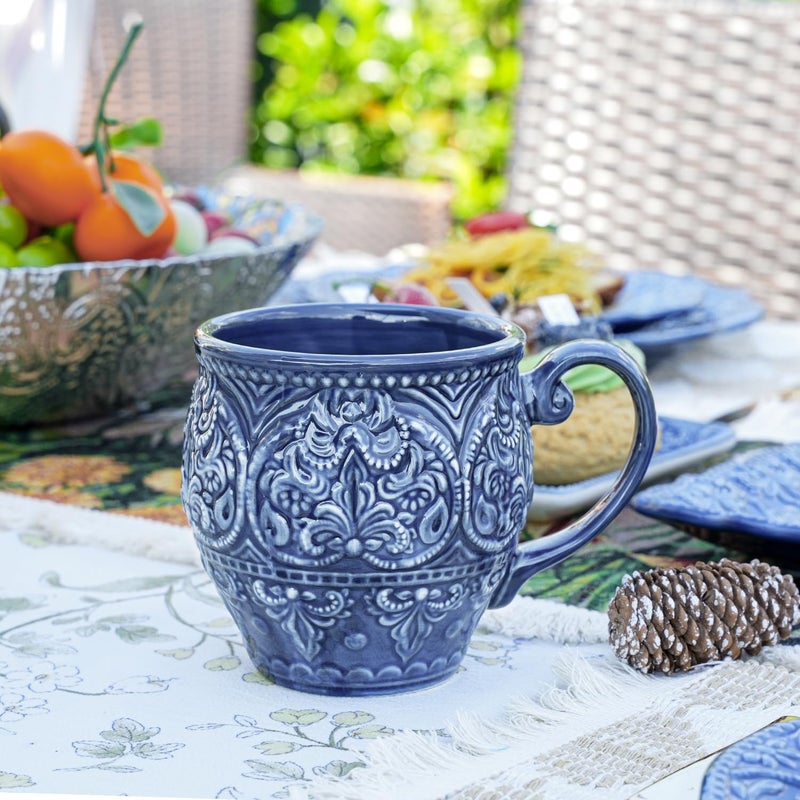 Sungmor Embossed Stoneware Fine Dining Dinnerware, Antique Baroque Style Porcelain Coffee Mugs Set of 2, 18oz Large Water Cups with Handles, Sophisticated Rustic Ceramic Mugs for Tea, Milk or Beer - Image 4