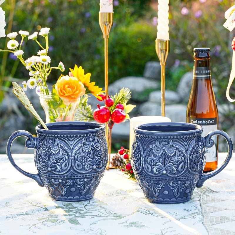 Sungmor Embossed Stoneware Fine Dining Dinnerware, Antique Baroque Style Porcelain Coffee Mugs Set of 2, 18oz Large Water Cups with Handles, Sophisticated Rustic Ceramic Mugs for Tea, Milk or Beer - Image 2
