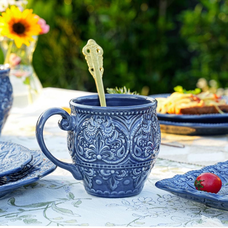Sungmor Embossed Stoneware Fine Dining Dinnerware, Antique Baroque Style Porcelain Coffee Mugs Set of 2, 18oz Large Water Cups with Handles, Sophisticated Rustic Ceramic Mugs for Tea, Milk or Beer - Image 3