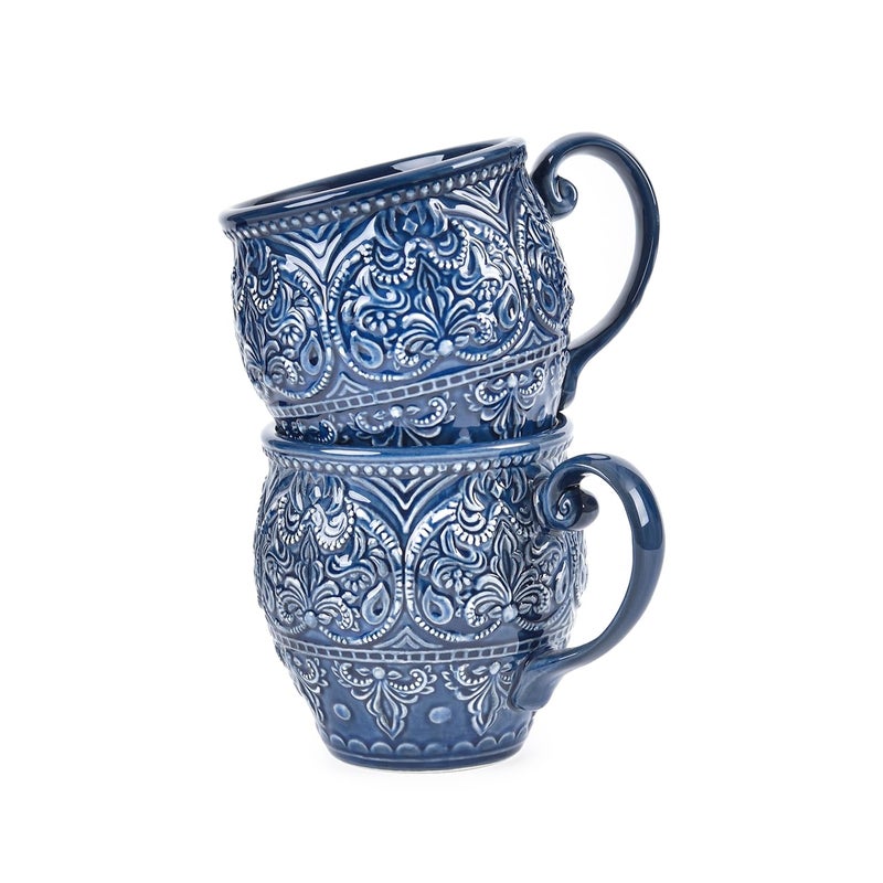 Sungmor Embossed Stoneware Fine Dining Dinnerware, Antique Baroque Style Porcelain Coffee Mugs Set of 2, 18oz Large Water Cups with Handles, Sophisticated Rustic Ceramic Mugs for Tea, Milk or Beer - Image 1
