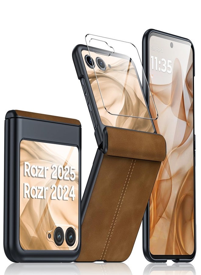 BSNRM for Motorola Razr 2024 Case/Razr 2025 Case, Built-in Screen Protector & Hinge Protection & Ultra Thin PU Leather Matte PC Shockproof Phone Cover Smartphone Case for Moto Razr 2024/2025(Brown) - Image 1