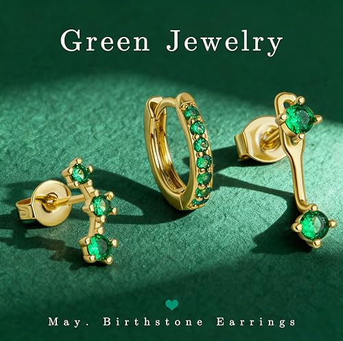 Poxtex Gold Green Earrings for Women, Green Jewelry Accessories Stud Hoops, May Birthstone Earring Gifts - Image 3