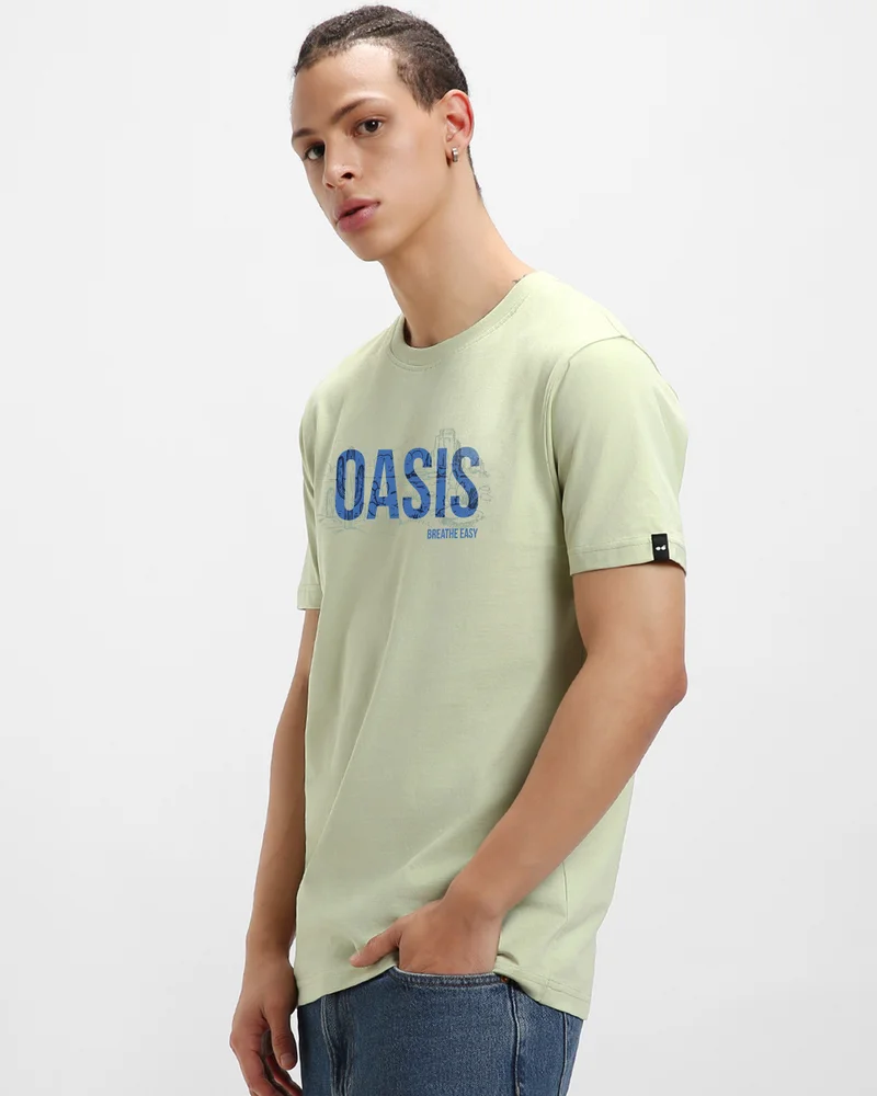 bewakoof Men's Fog Green Oasis Typography T-shirt
