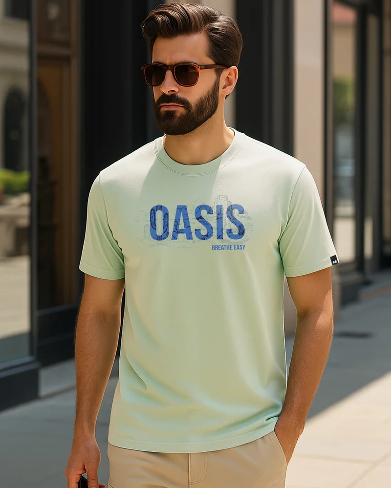 bewakoof Men's Fog Green Oasis Typography T-shirt