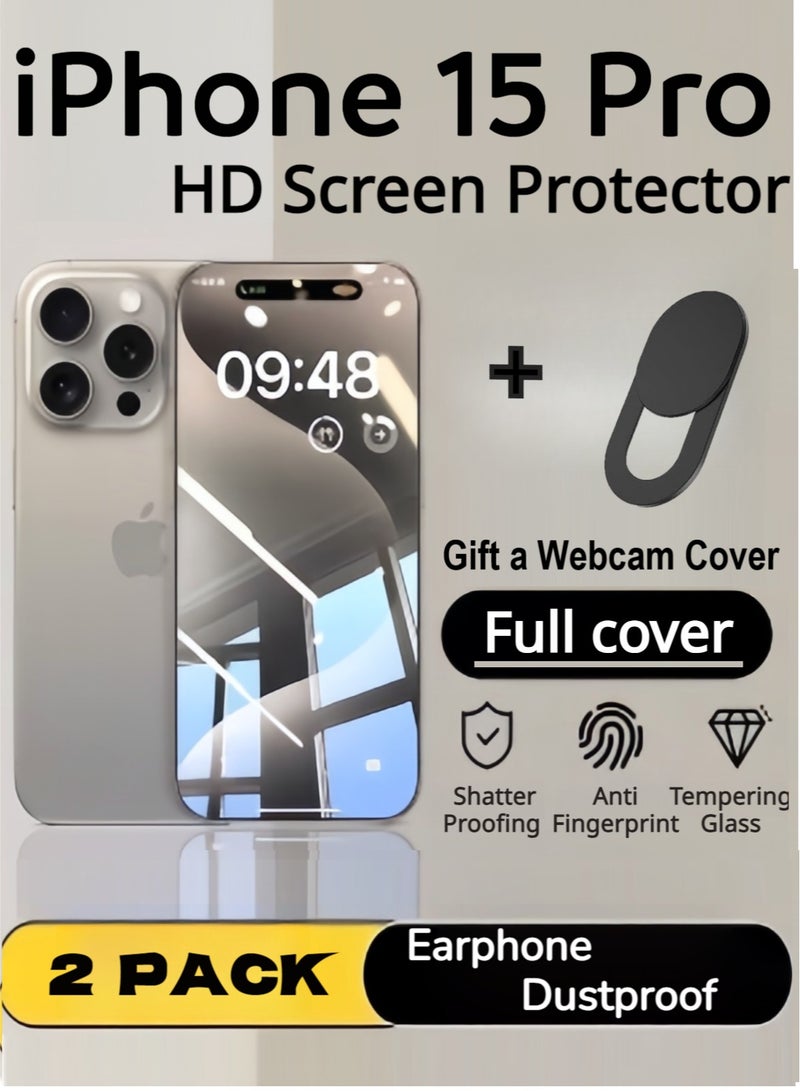 iPhone 15 Pro Max Screen Protector 6.7 Inch HD Clear With a Webcam Cover,Power Grade Phone Receiver Dustproff Protection Scratch Resistant, Anti-Fingerprint, Bubble Free, 9H Tempered Glass Film For iPhone 15 Pro Max-2Pack Clear - Image 1