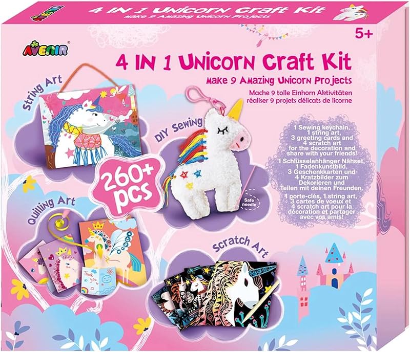 Avenir Set of 4 Activities in 1 â€“ Unicorn Crafts â€“ Includes Scratch Sheets and Knitting Material â€“ From 5 years old â€“ Available â€“ Craft Set for Your Little Ones