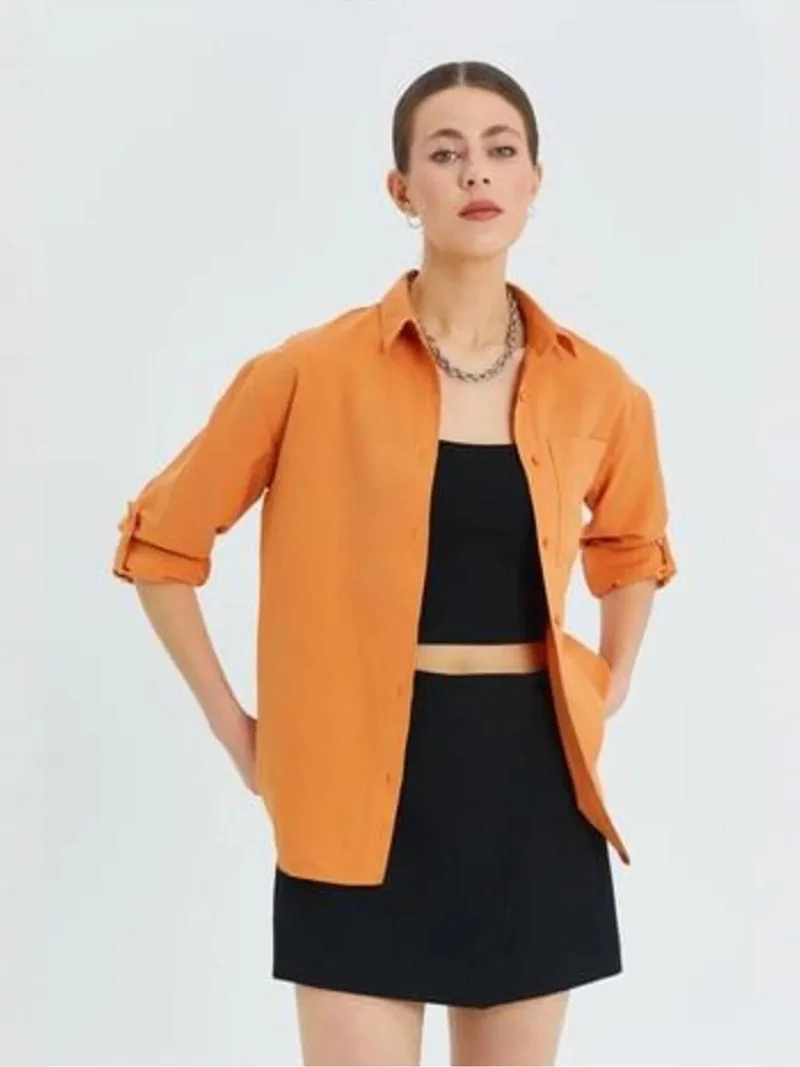 Mixray Bright Orange Mixray Long Sleeve Button-Up Shirt with Pocket for Women | Best Price UAE