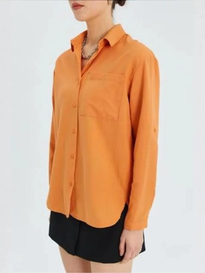Mixray Bright Orange Mixray Long Sleeve Button-Up Shirt with Pocket for Women | Best Price UAE