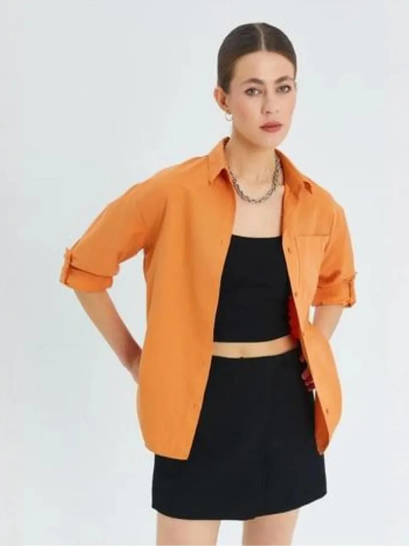 Mixray Bright Orange Mixray Long Sleeve Button-Up Shirt with Pocket for Women | Best Price UAE